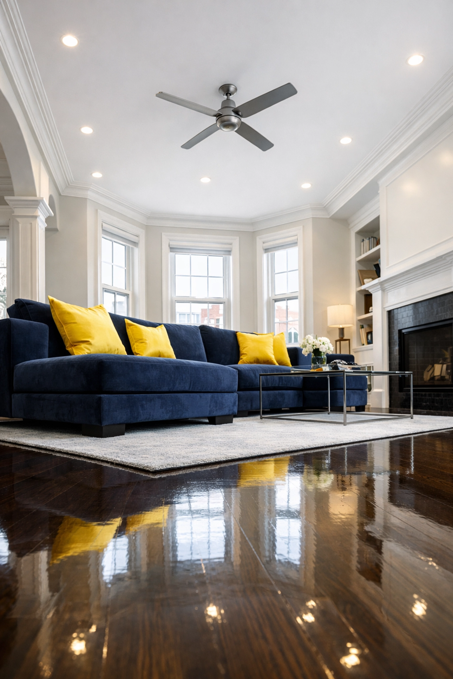 Dust-free luxury living room in Boston showcasing high-end residential cleaning MA standards and polished floors.