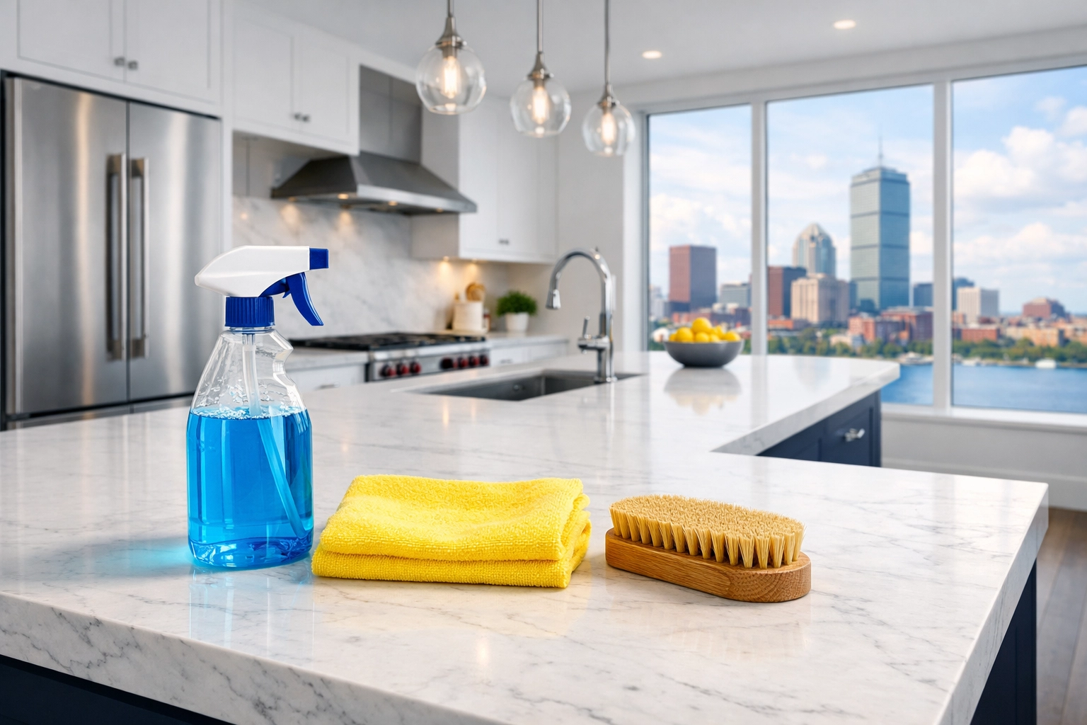 Modern Boston apartment kitchen with spotless white marble countertops after a professional deep clean.