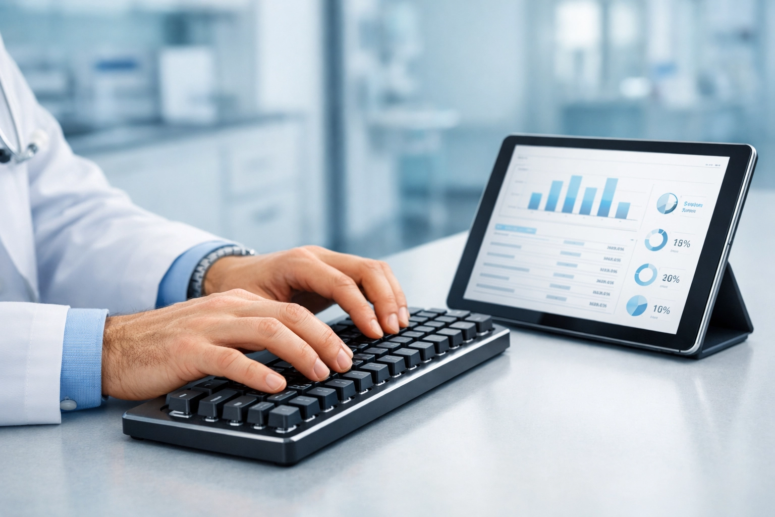 Healthcare administrator using software for optometry billing services and managing practice revenue cycles.