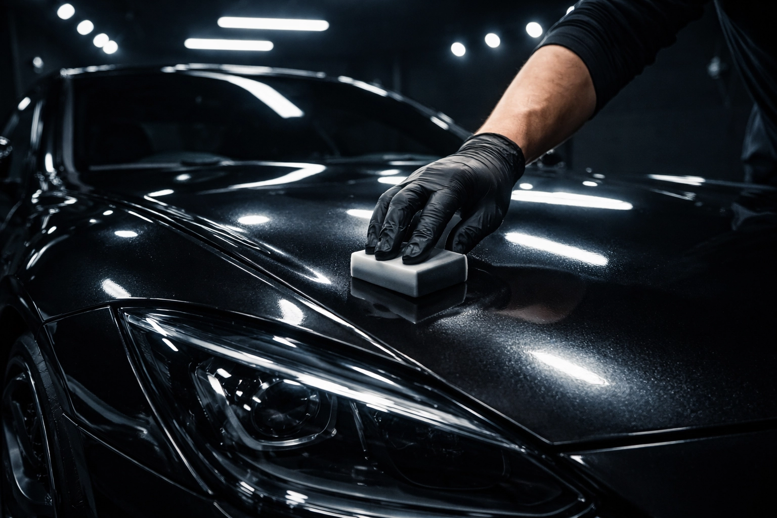 A detailer's gloved hand applies ceramic coating to a luxury black car, showcasing Louisville auto detailing expertise.
