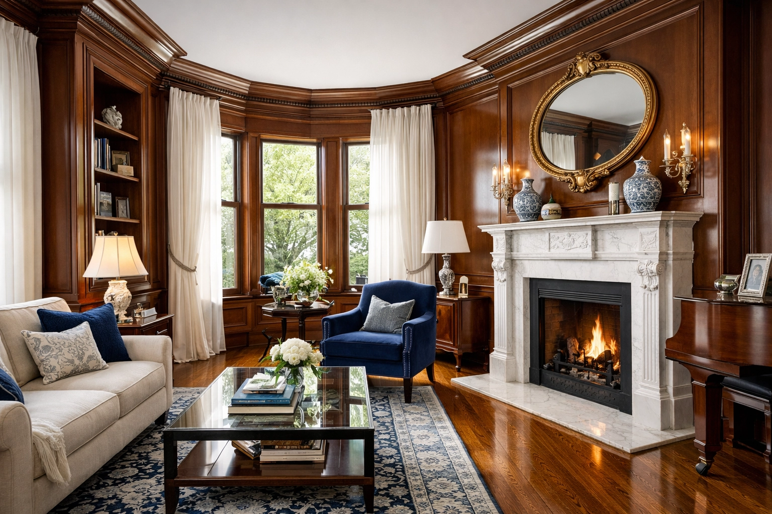 Pristine historic living room with mahogany woodwork, showcasing expert deep cleaning in a Harvard Square home.