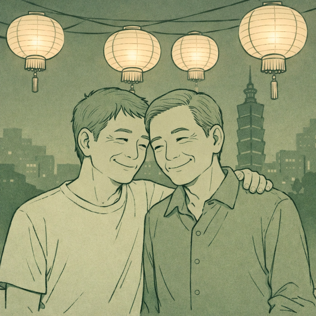Gay couple under glowing lanterns in Taipei, Taiwan - celebrating openly after decades of silence