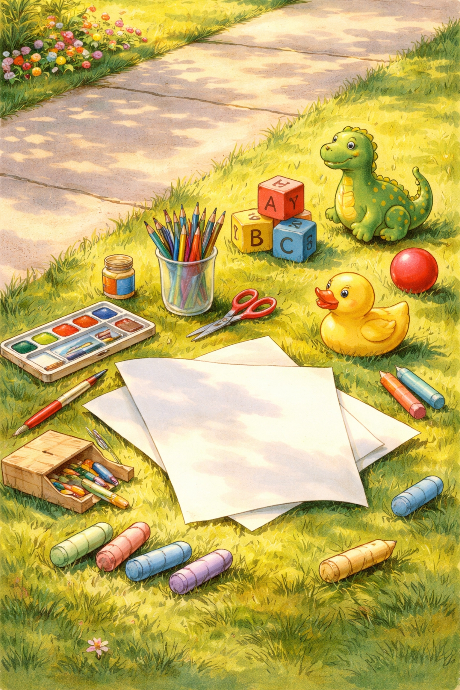 Backyard shadow drawing setup with sidewalk chalk, toys, and paper in the grass on a sunny day