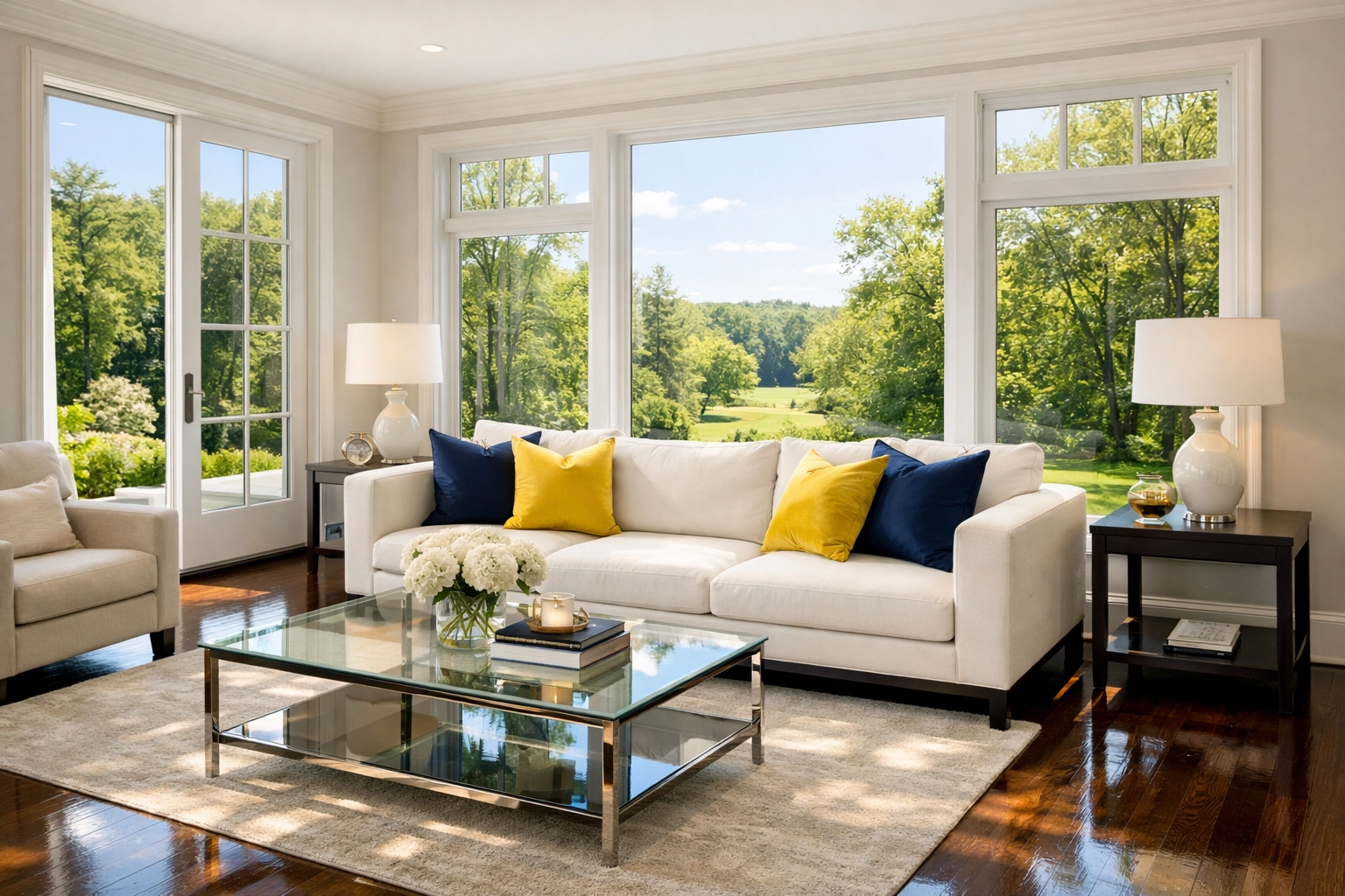 Dust-free living room in Weston, MA with polished floors after a seasonal deep clean.