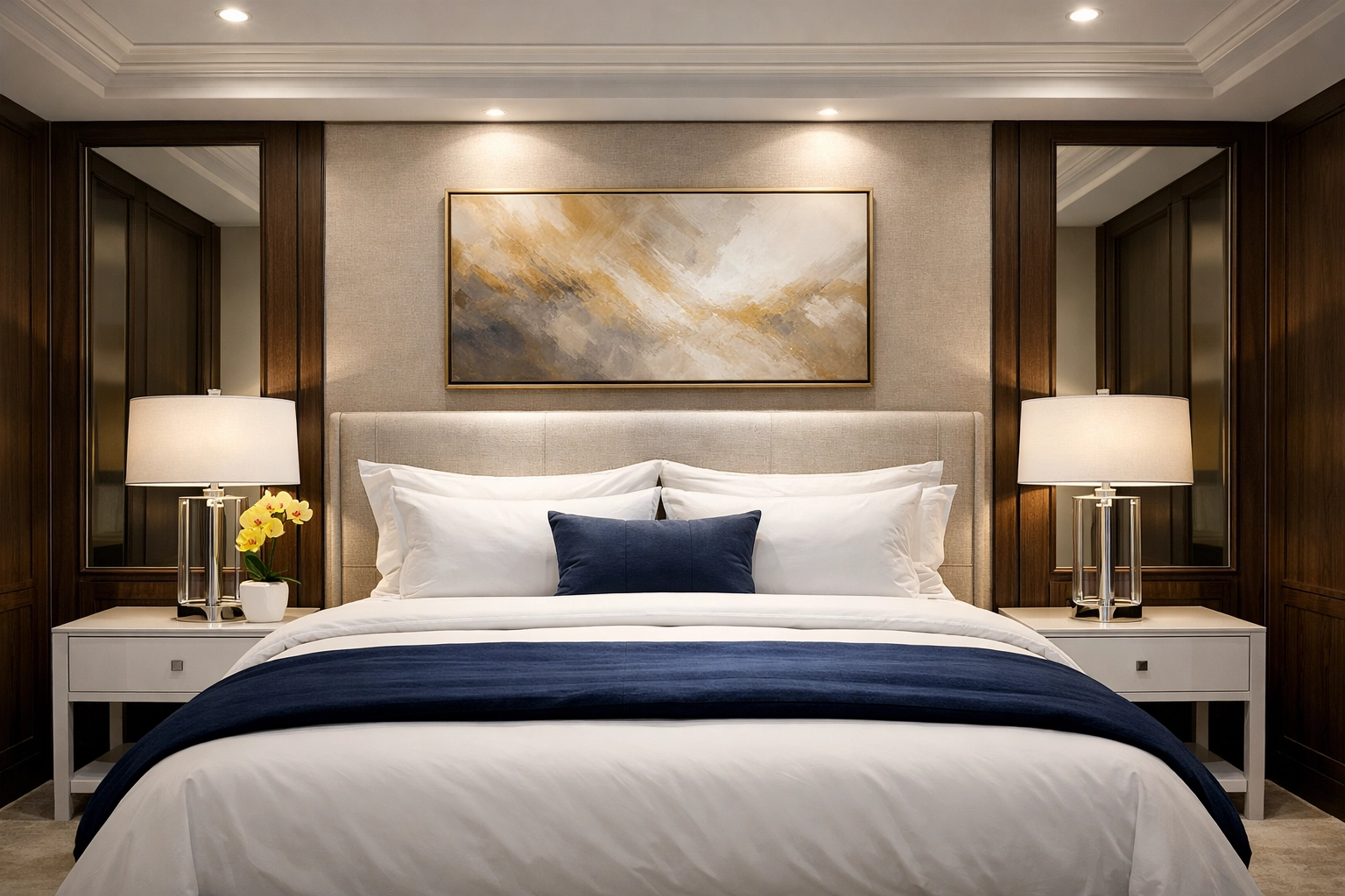 High-quality house cleaning Westborough MA showing a serene, dust-free luxury master bedroom.