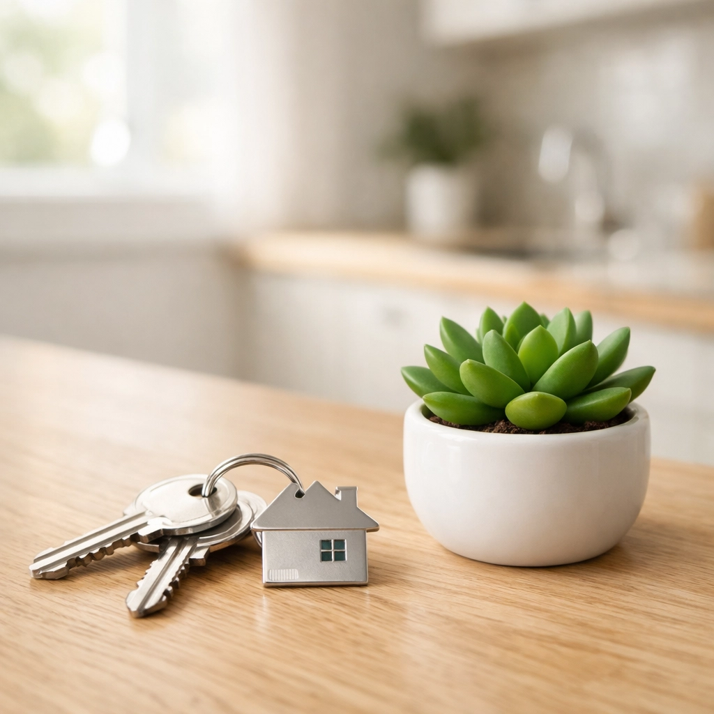 House keys on a modern kitchen counter symbolizing affordable homeownership at Piney Woods community.