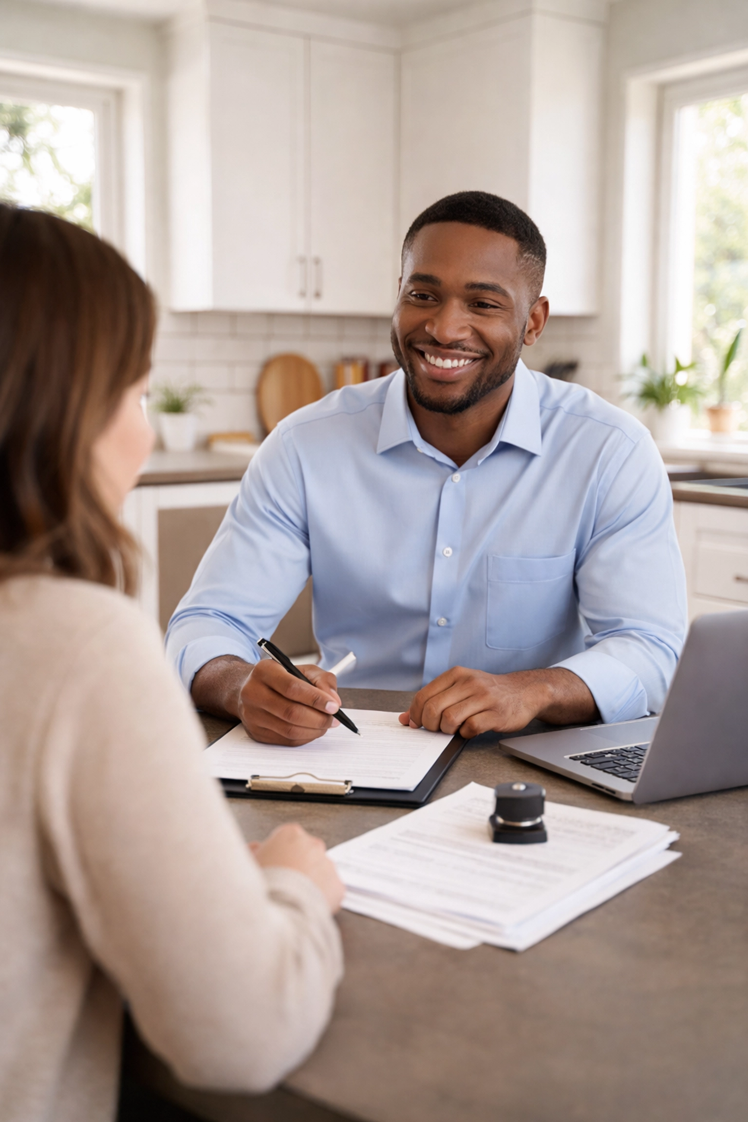 Mobile notary meeting with a client at home for convenient document signing in Texas