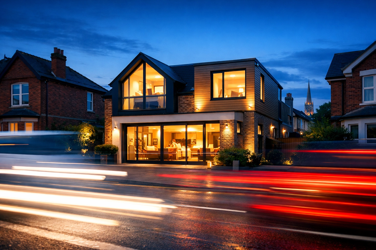 Modern house with motion light streaks representing the speed of bridging finance in the property market.