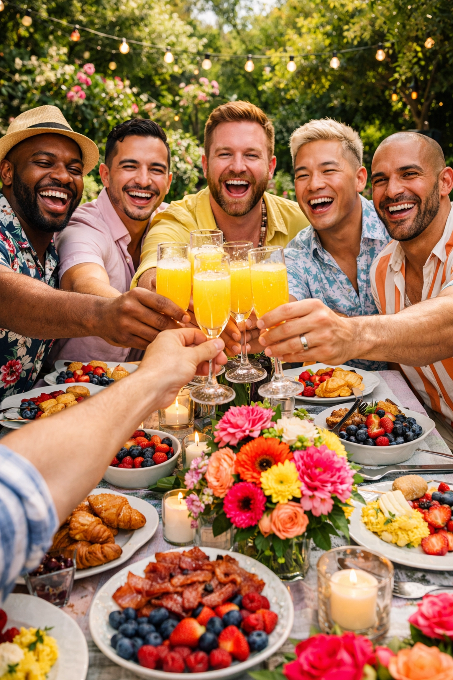 Diverse gay men at a garden brunch, celebrating Mother's Day and found family bonds.