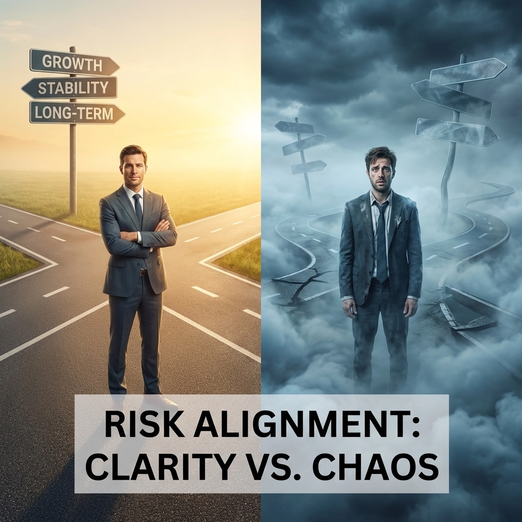 Split image of an investor facing clear and uncertain paths, illustrating risk tolerance and risk capacity in investing