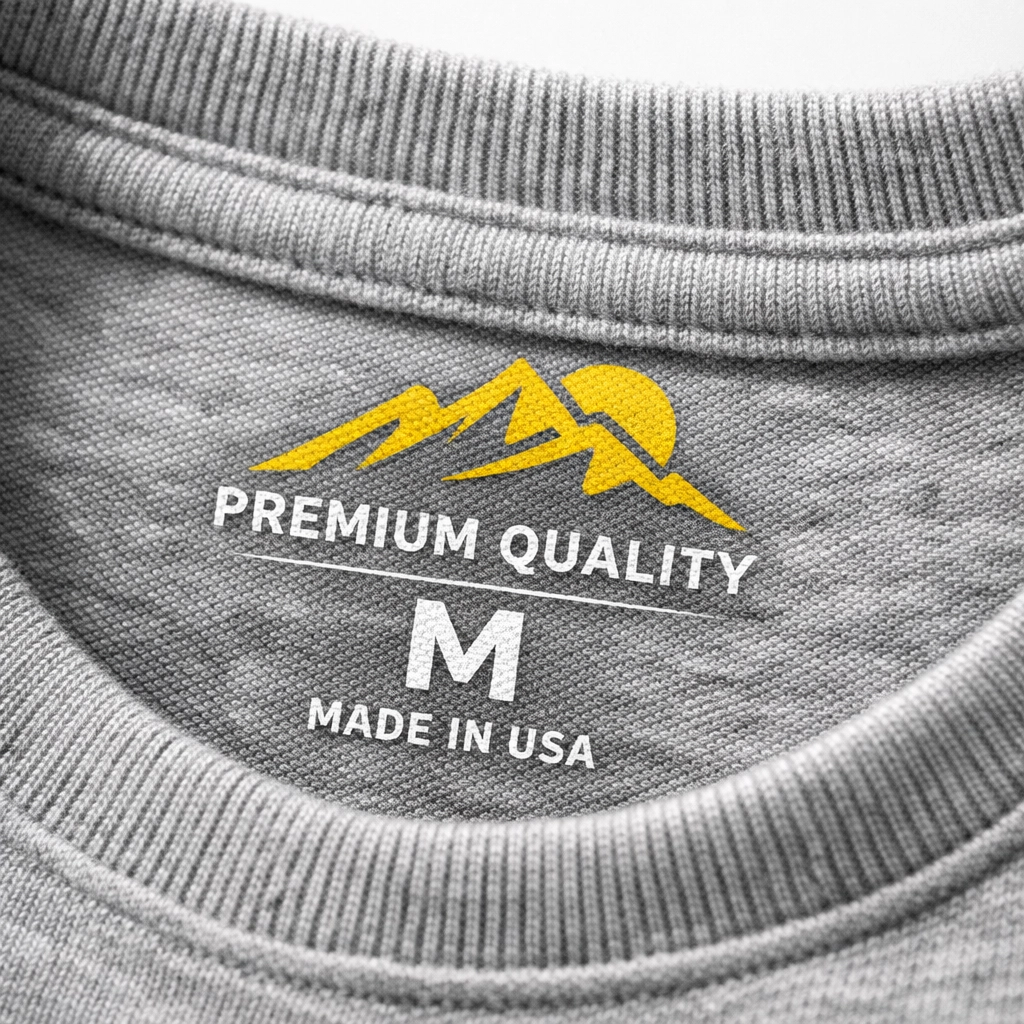 Close-up of a soft grey t-shirt featuring a custom screen-printed neck label for a modern, tagless feel.