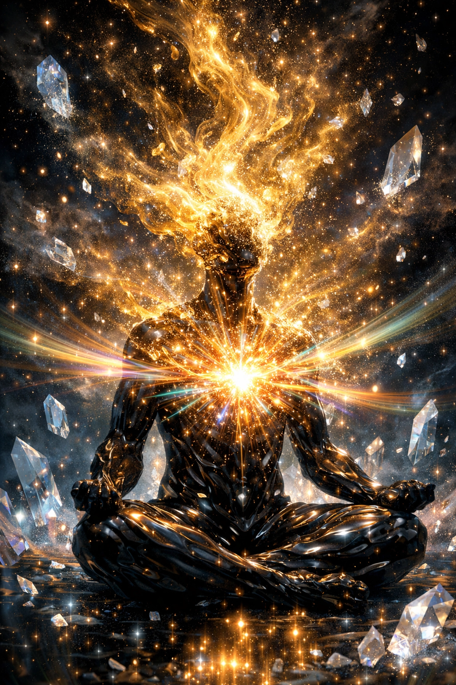 A human figure dissolving into golden stardust representing the expansion of consciousness and high performance flow states.