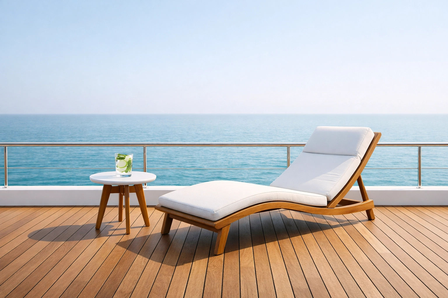 Quiet luxury sun deck on a high-end liveaboard yacht with views of the ocean.