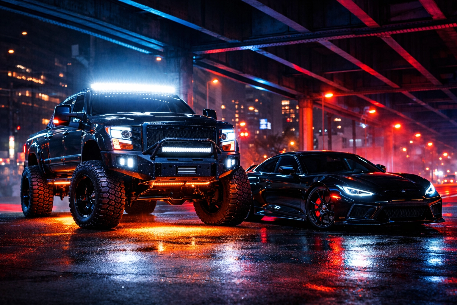 Customized lifted truck with LED lights and a sleek car with professional Chattanooga window tinting.