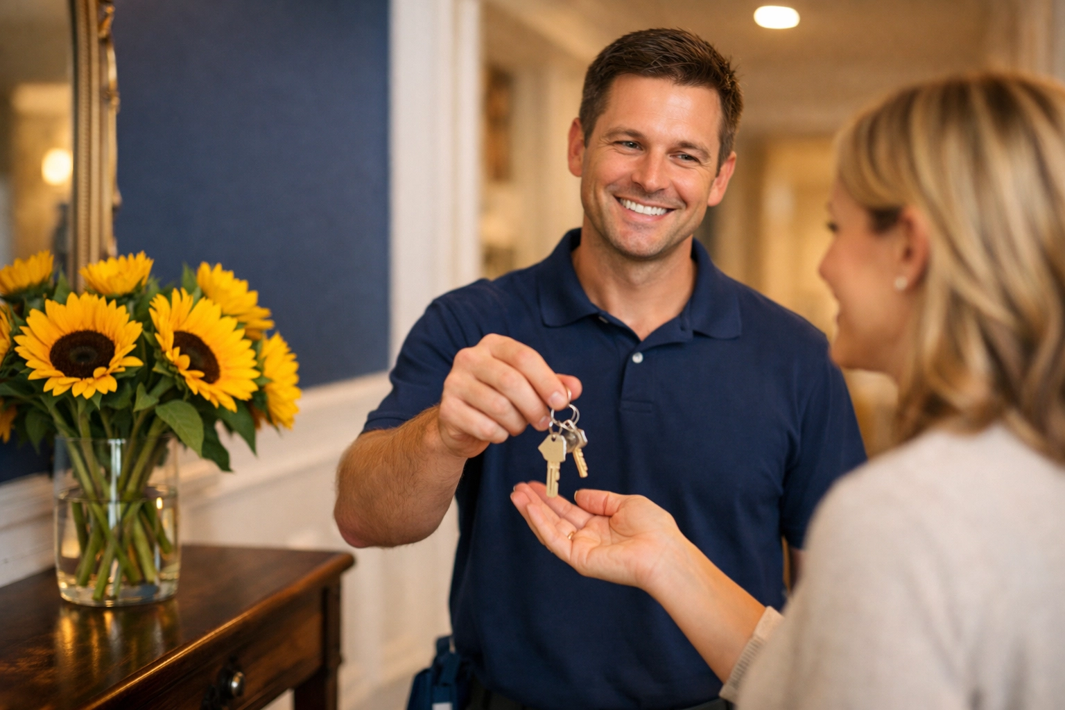 A satisfied homeowner receiving keys from a professional providing house cleaning services MA.