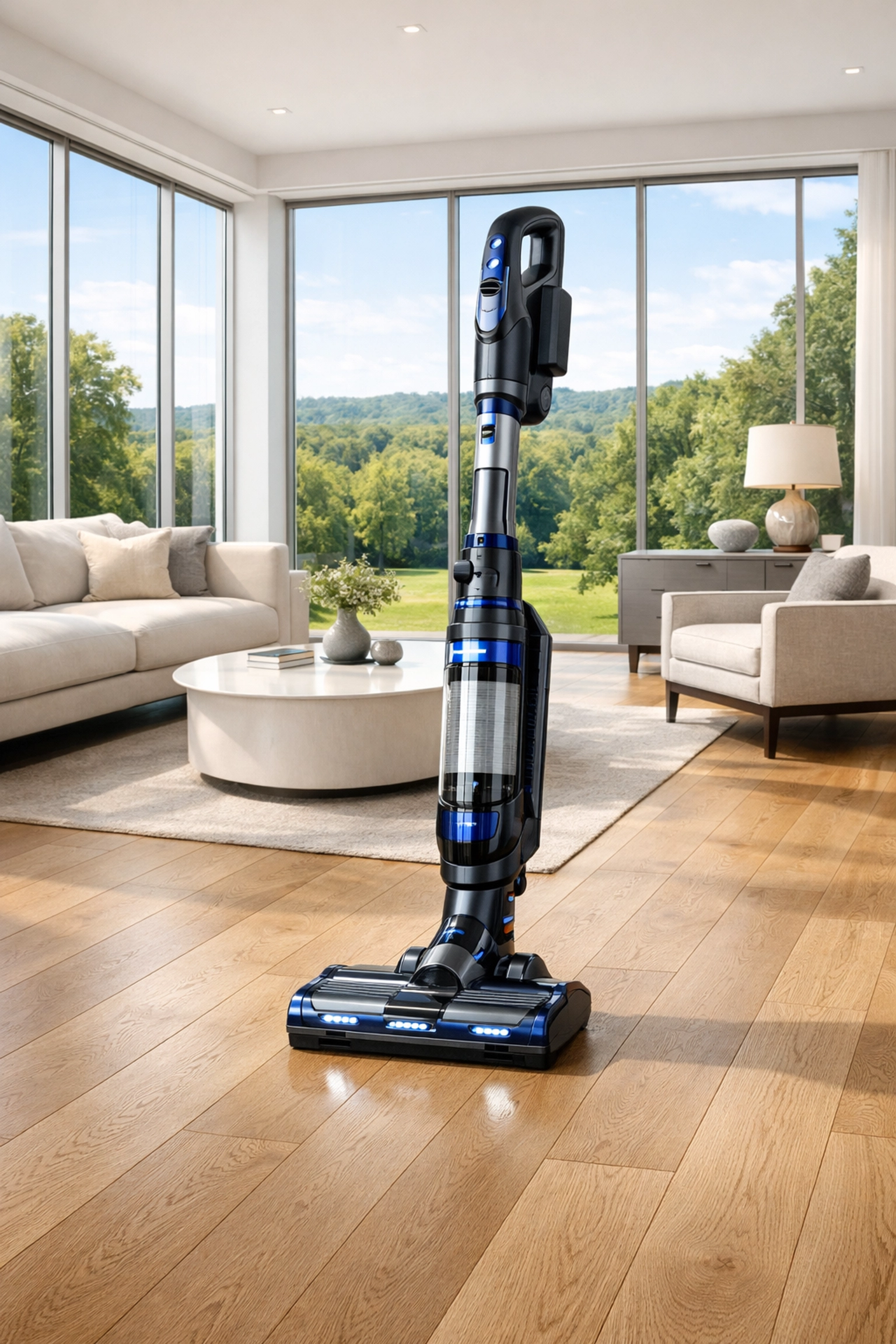 High-end HEPA vacuum on pristine hardwood floors for residential cleaning Massachusetts estates.