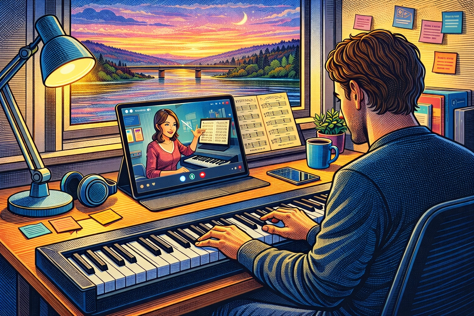 A colorful lithograph-style engraving of an online music lesson on a laptop with a keyboard in the foreground, showing focus and connection.