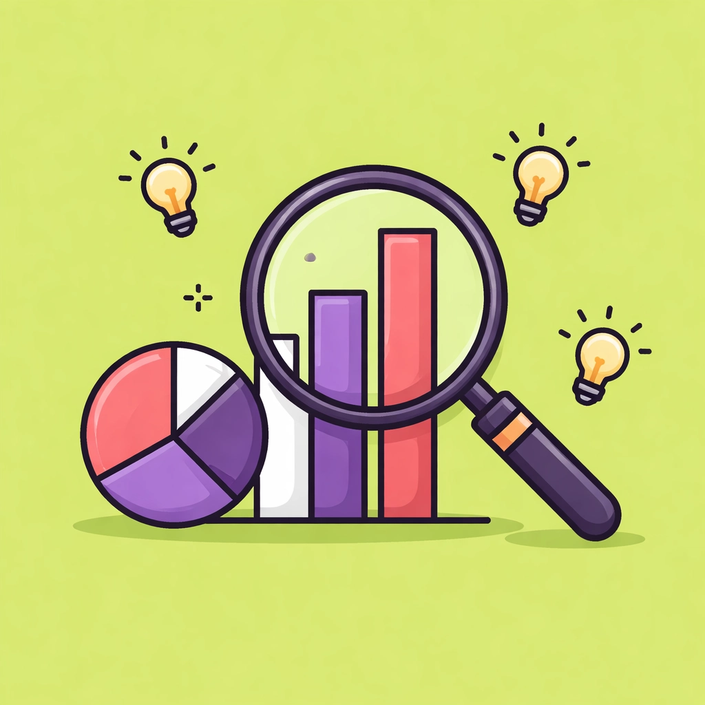 Magnifying glass examining charts, representing how AI uncovers insights to optimize Google Ads performance.