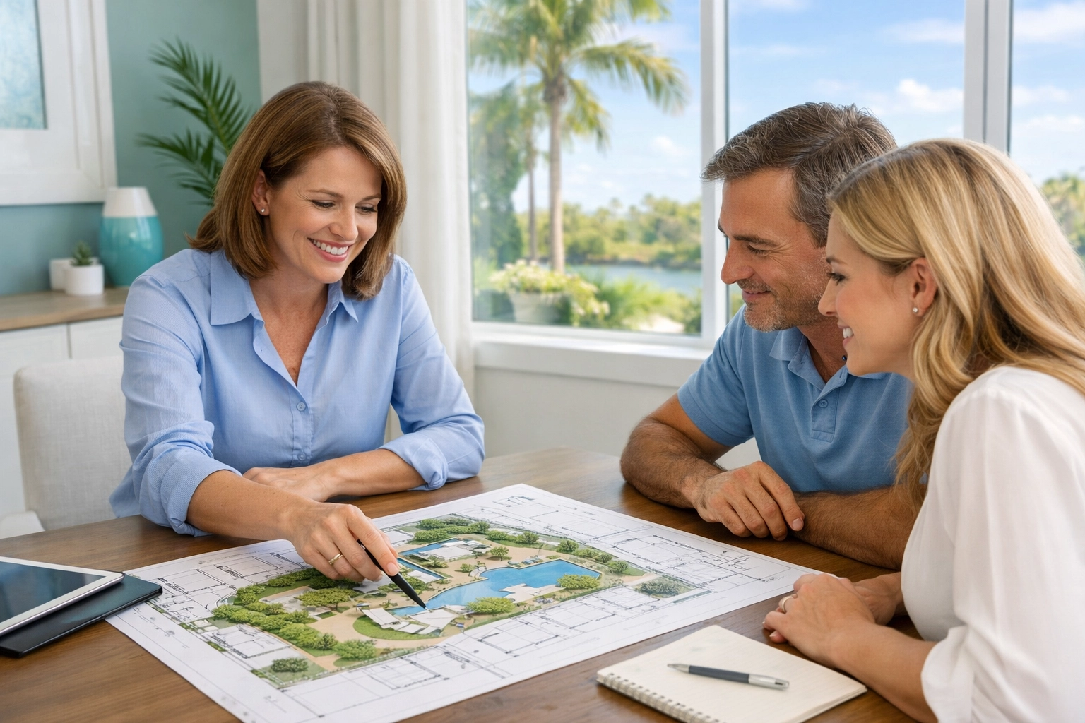 South Florida construction project manager discussing high-end building plans with clients in a bright office.