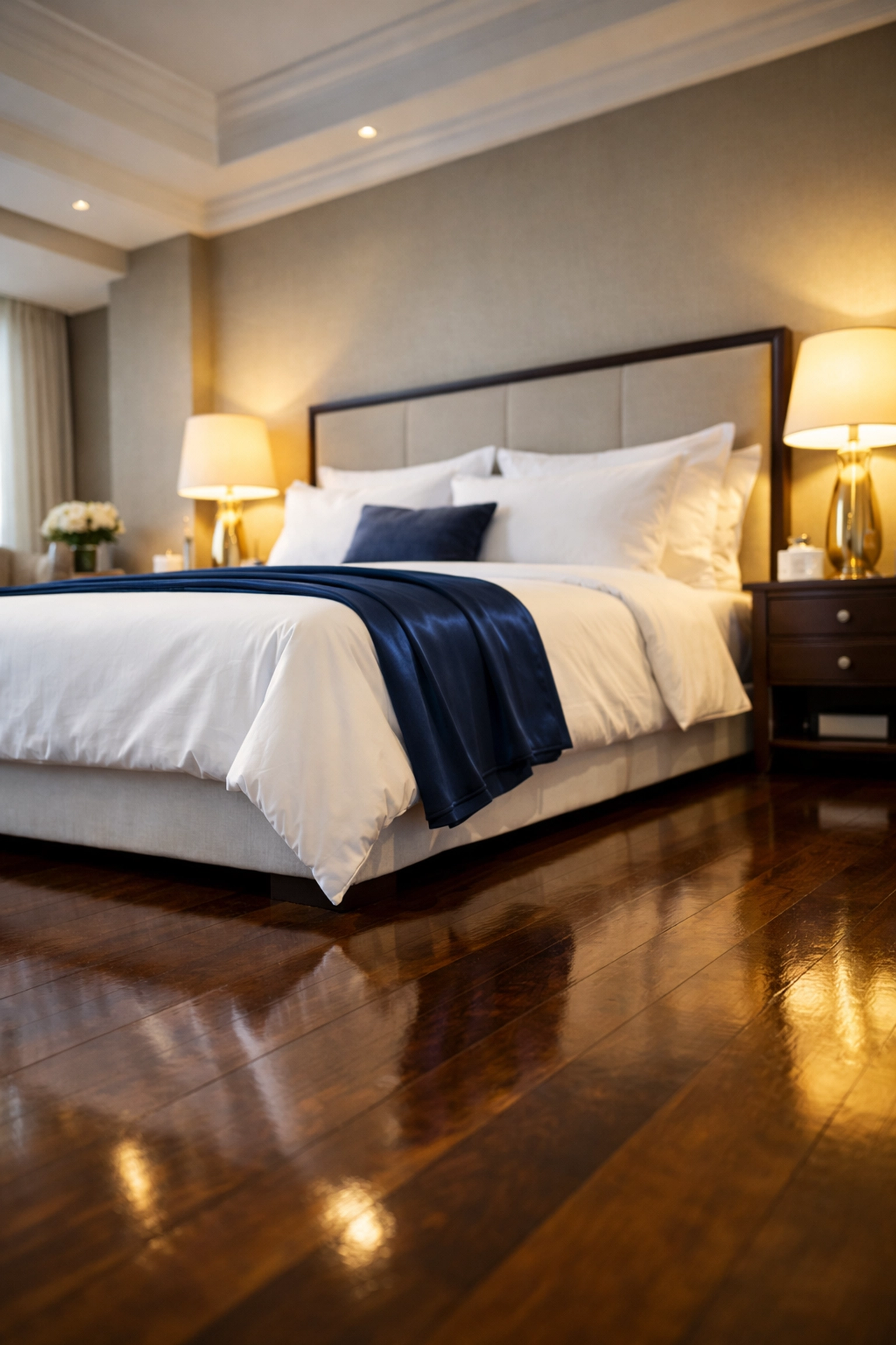 Master bedroom with gleaming hardwood floors after a professional luxury house cleaning Southborough.