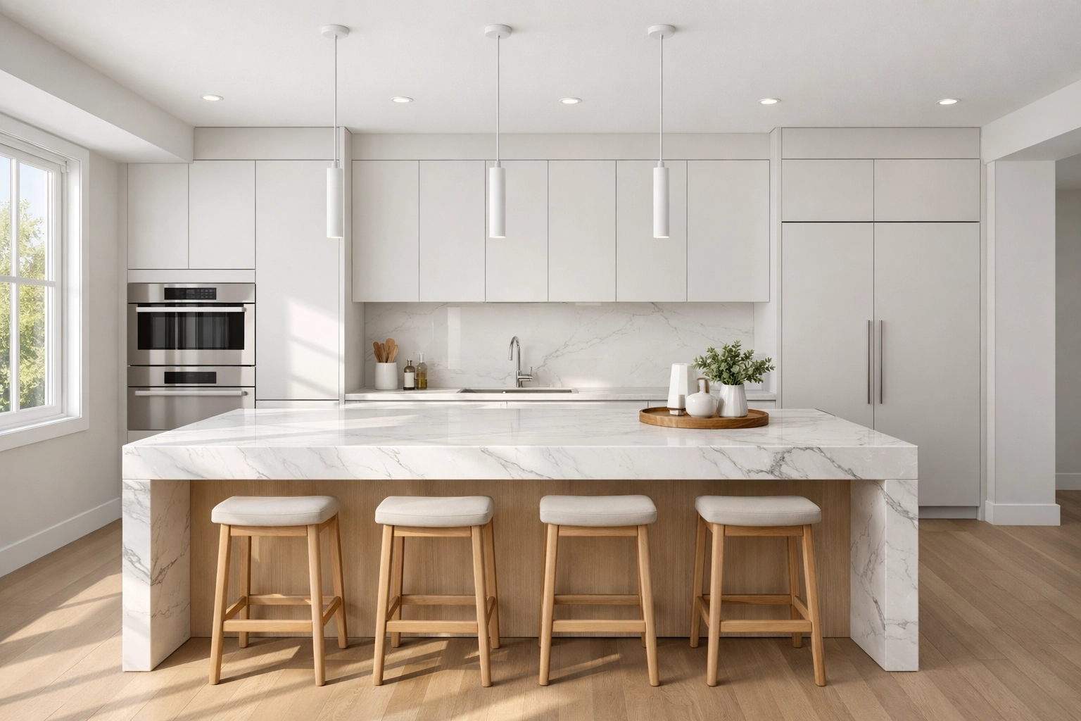 Sleek kitchen remodeling Orlando featuring matte white cabinets and a marble island by A&G General Services.
