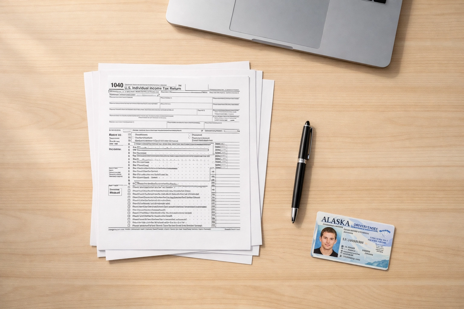 Organized tax documents and Alaska ID prepared for notary appointment