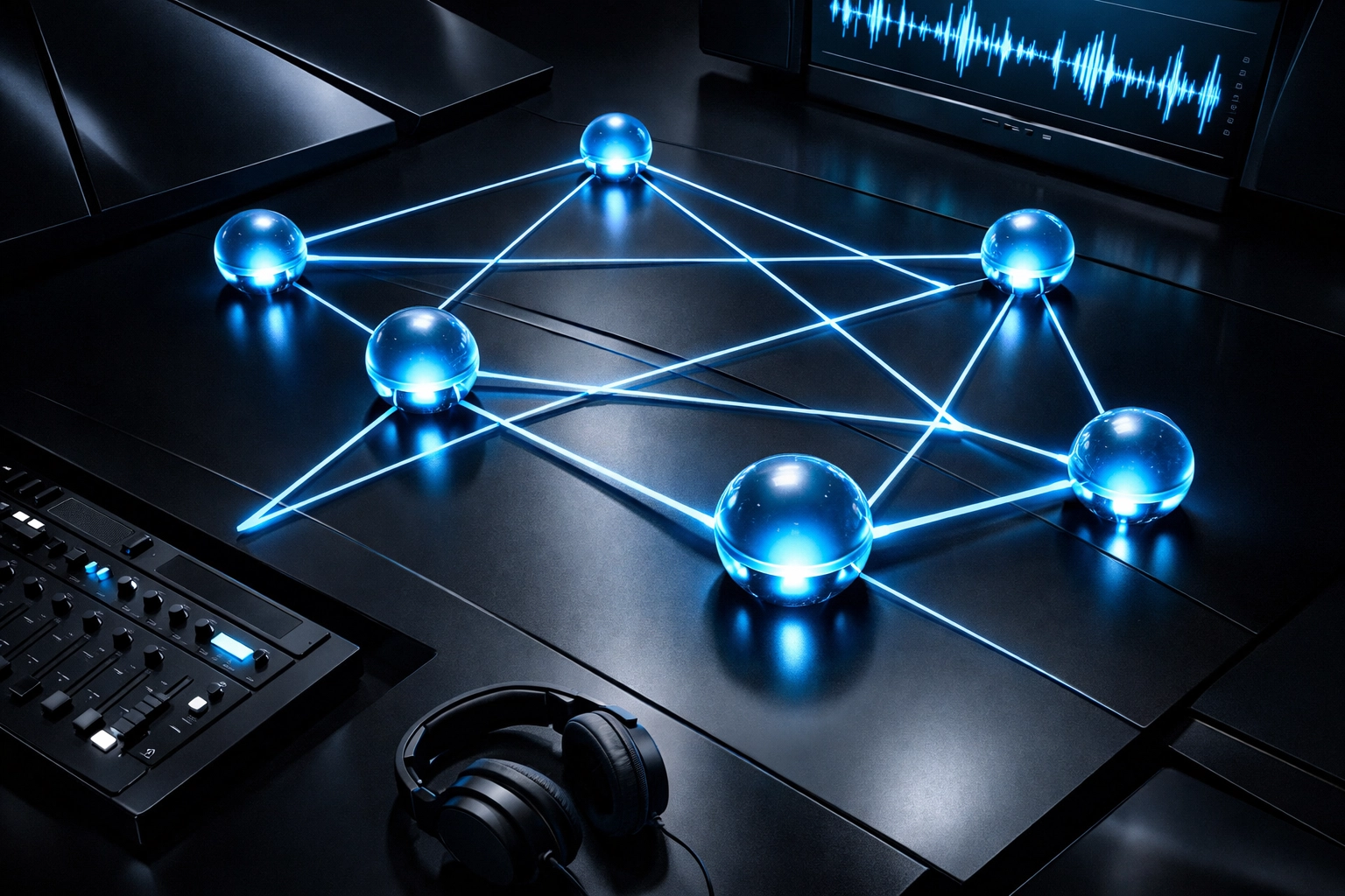 Futuristic visualization of a multi-agent AI network for digital audio workstation architecture.