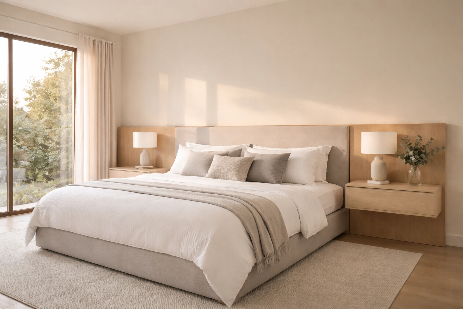 Minimalist bespoke master bedroom suite in Derby featuring integrated headboard and custom oak furnishings.