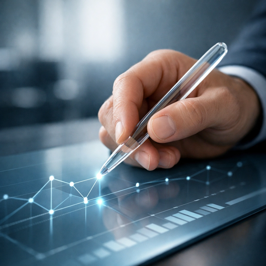 Person analyzing digital data points to refine a startup fundraising strategy and investor pitch deck.