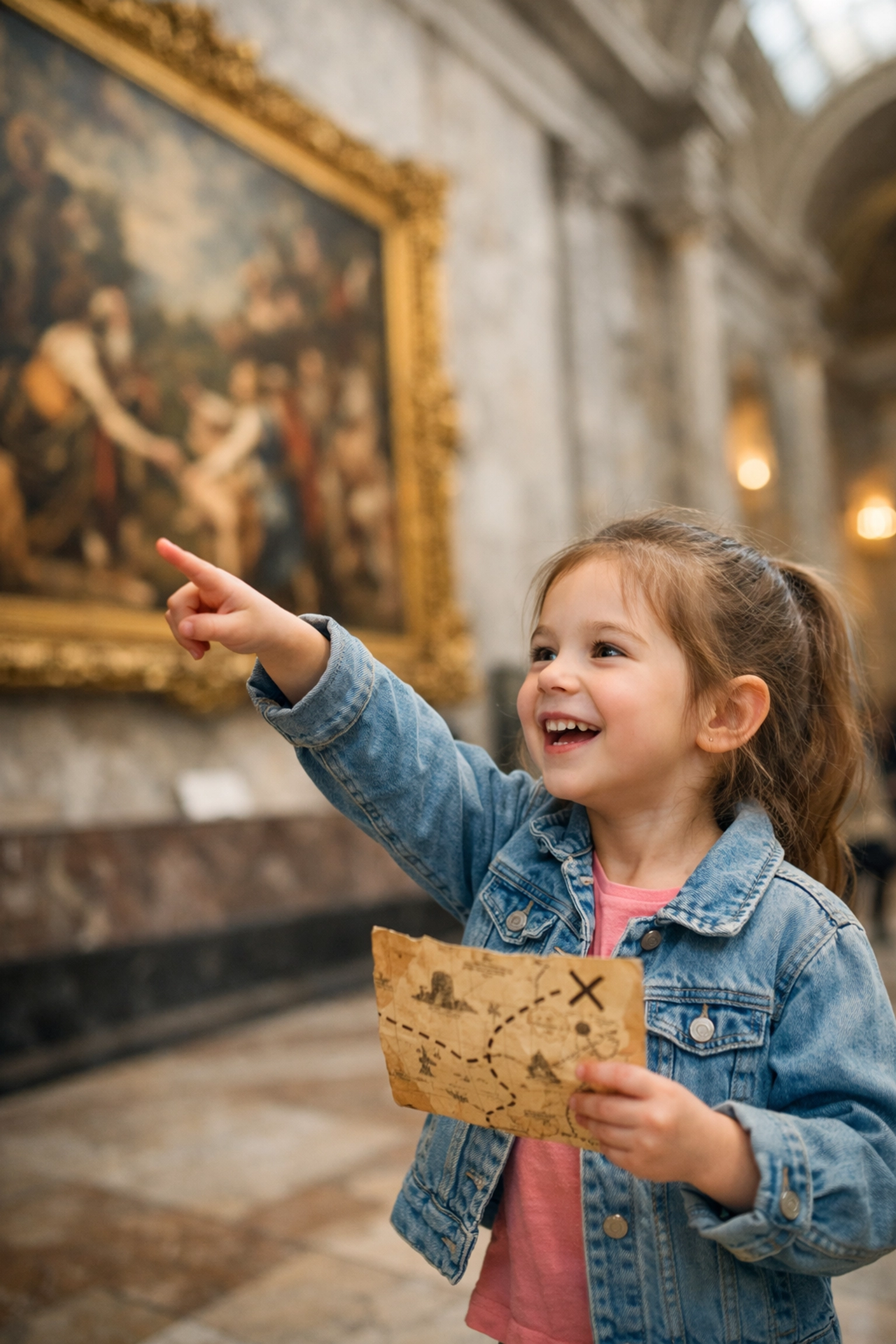 A child using a treasure hunt map in an art museum to keep kids entertained during educational travel.