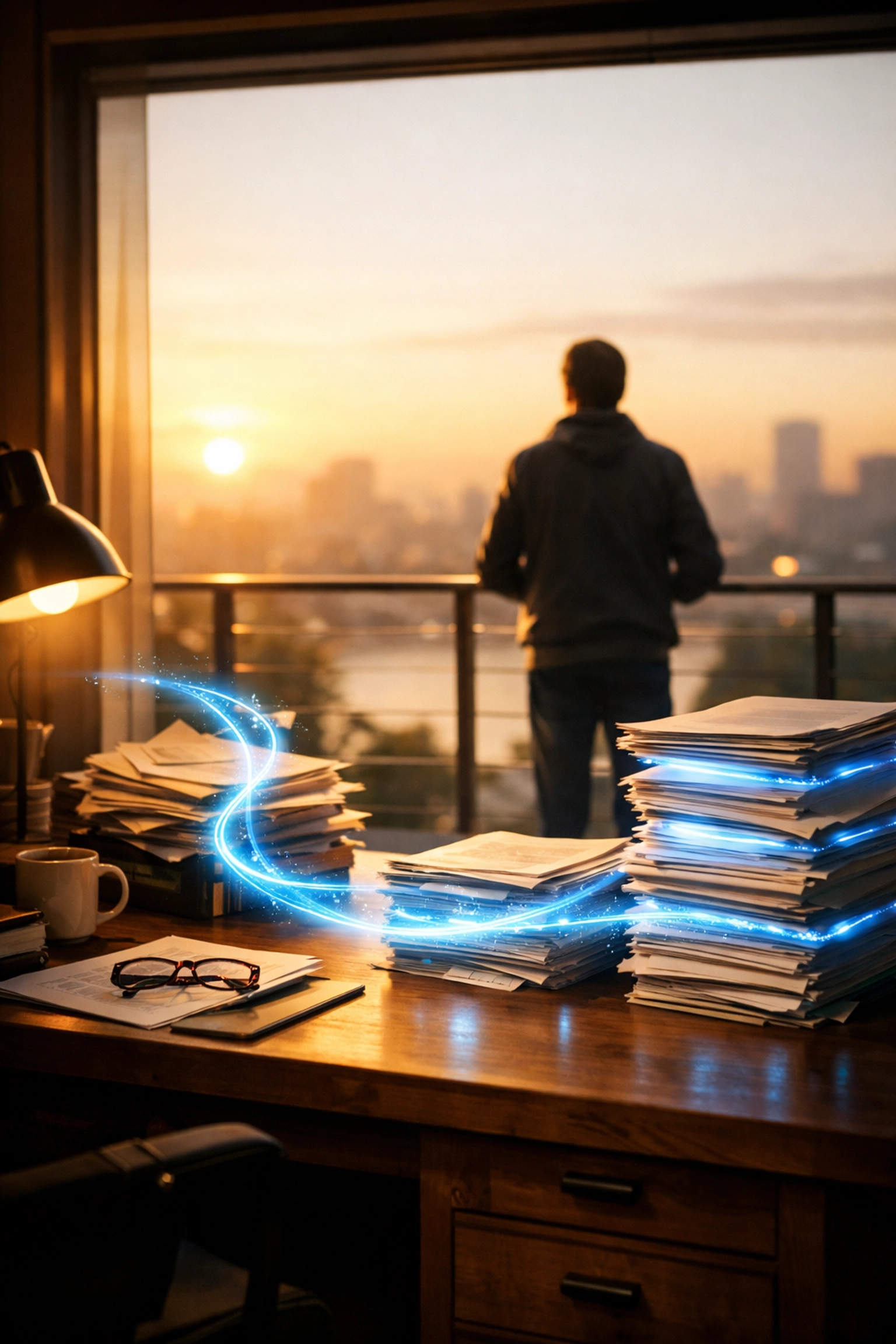 A local leader finds peace as digital light organizes office paperwork, symbolizing AI automation for efficiency. A local leader finds peace as digital light organizes office paperwork, symbolizing AI automation for efficiency.