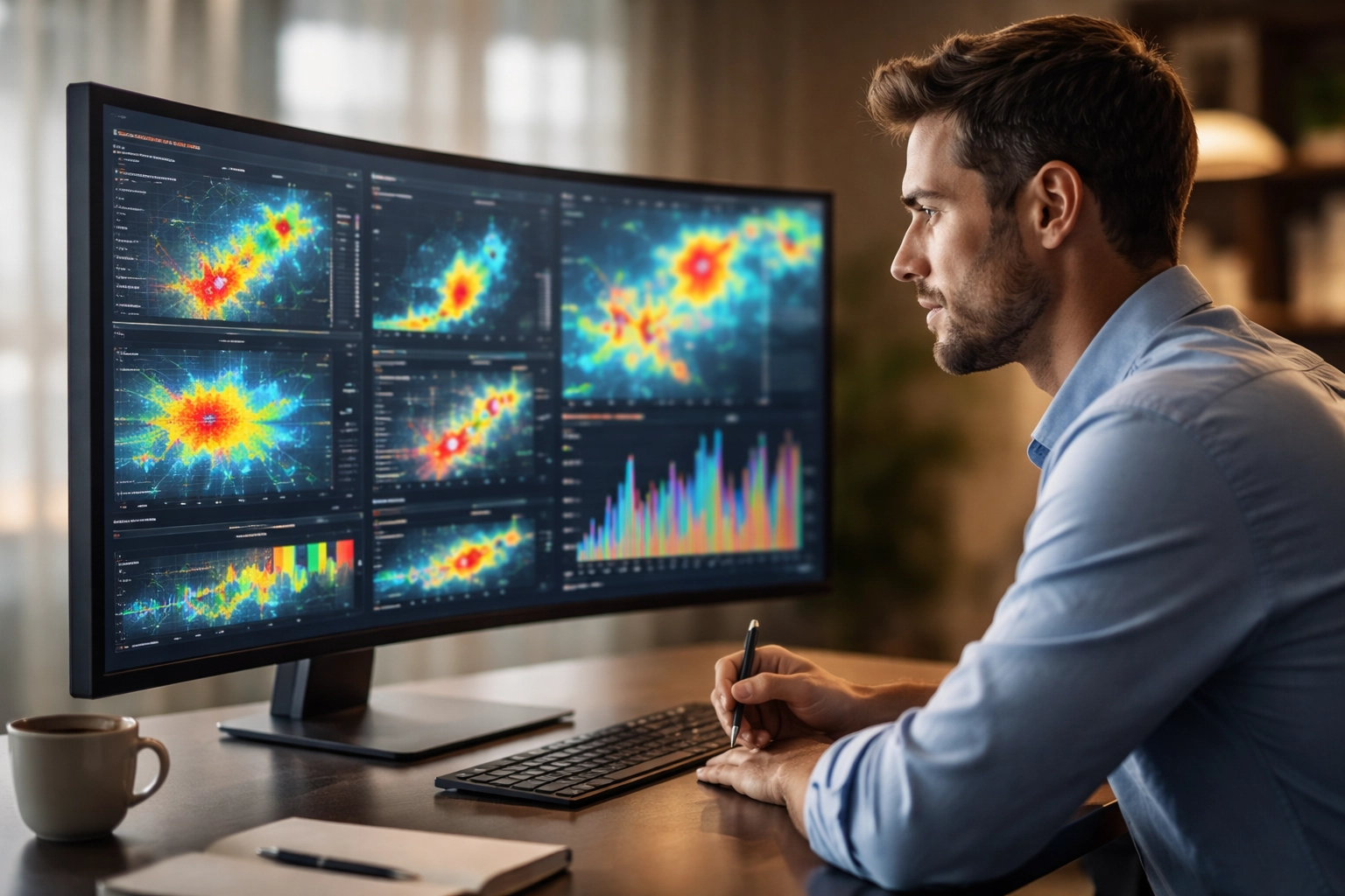 Marketing analyst examining website heat map analytics for data-driven conversion optimization