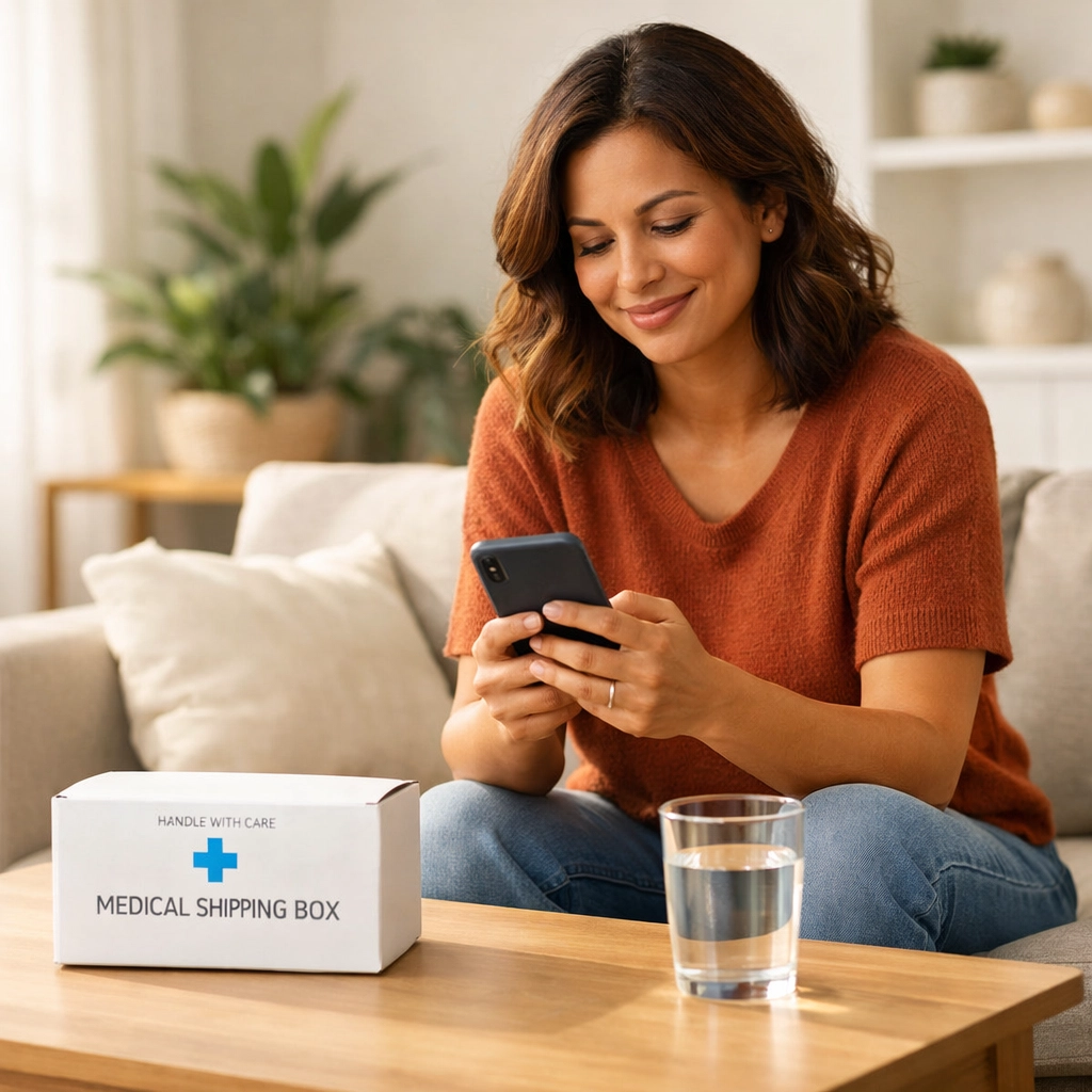 Woman receiving home delivery of a Wegovy alternative after an online medical consultation.