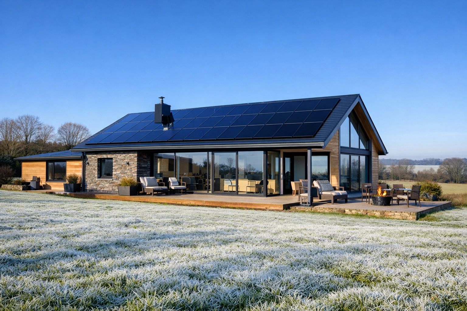 Modern eco-home with sleek black solar panels installed on a roof during a sunny winter morning.