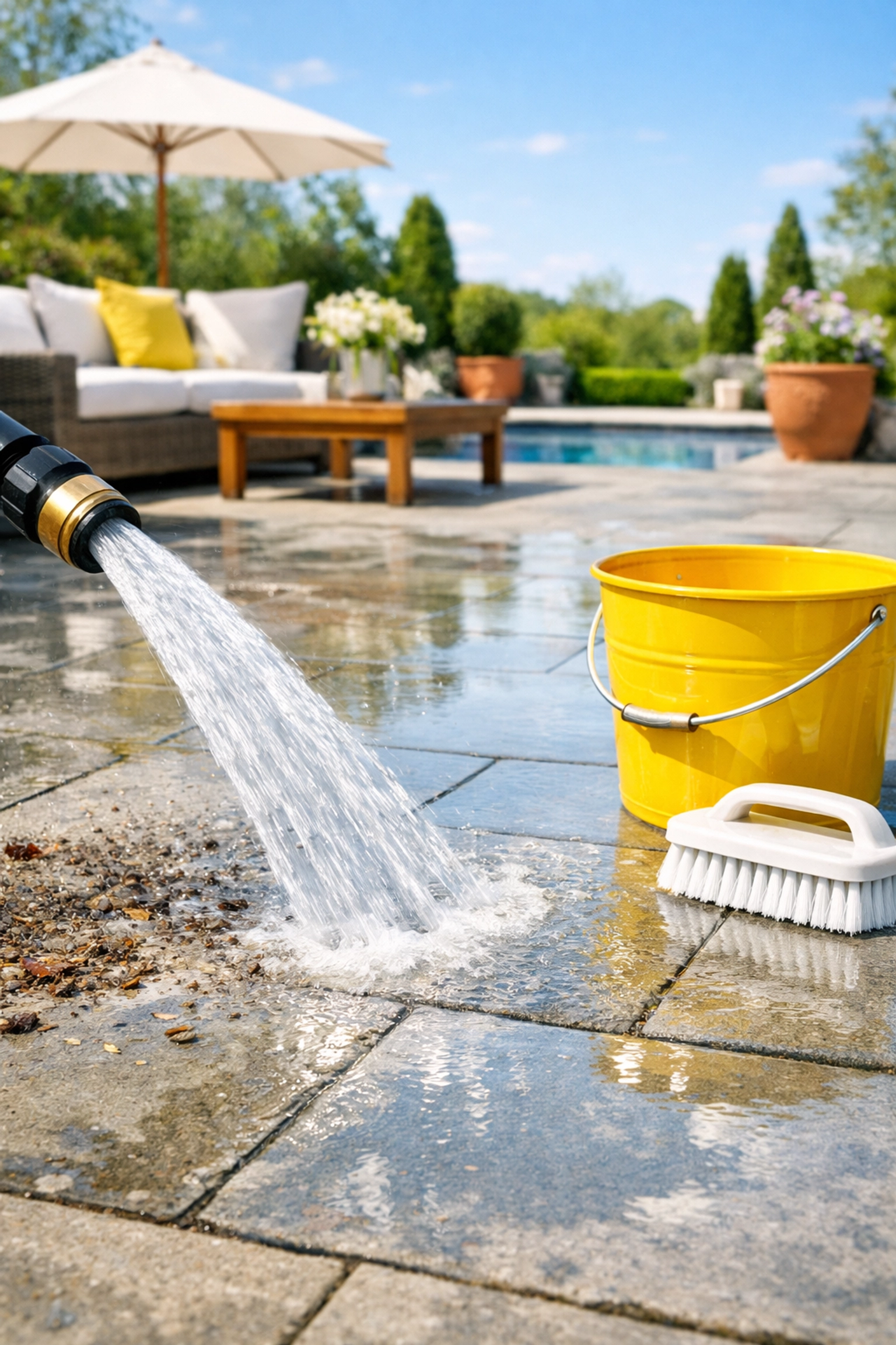 Washing a luxury stone patio with a hose and scrub brush to remove winter grime.
