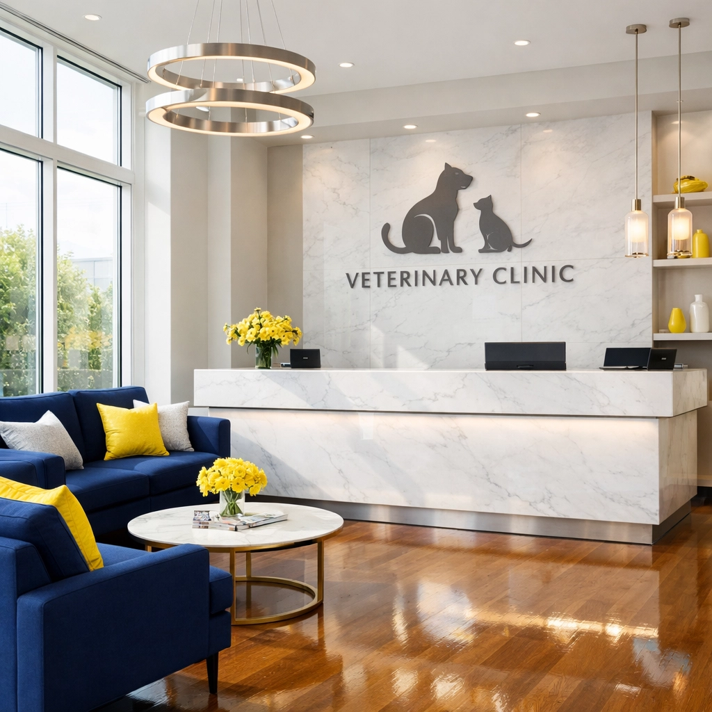 Modern veterinary clinic reception area with professional marble desk and clean hardwood floors.
