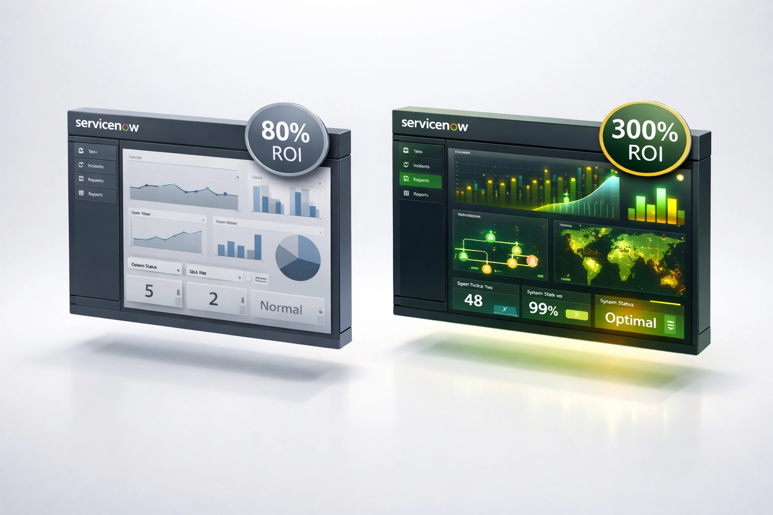 ServiceNow dashboard comparison showing 80% vs 300% ROI from different implementation partners