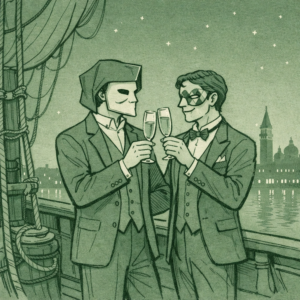 Gay couple in Venetian carnival masks toasting champagne on historic galleon ship