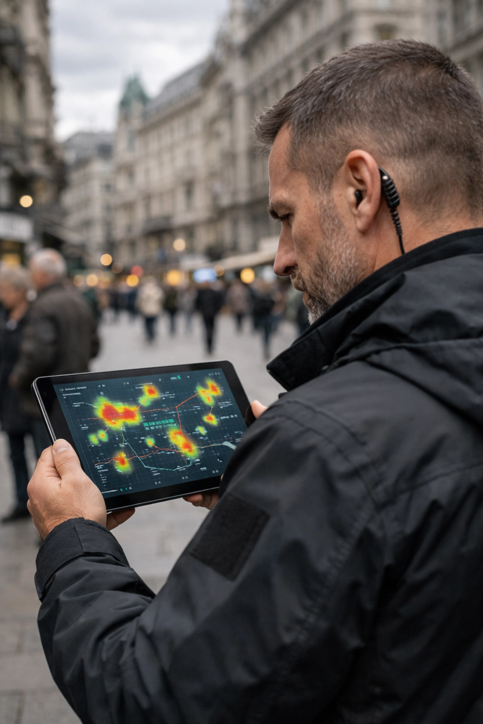 Personenschutz Wien: Bodyguard analysiert digitale Sicherheitsdaten per Tablet in der Wiener Innenstadt.