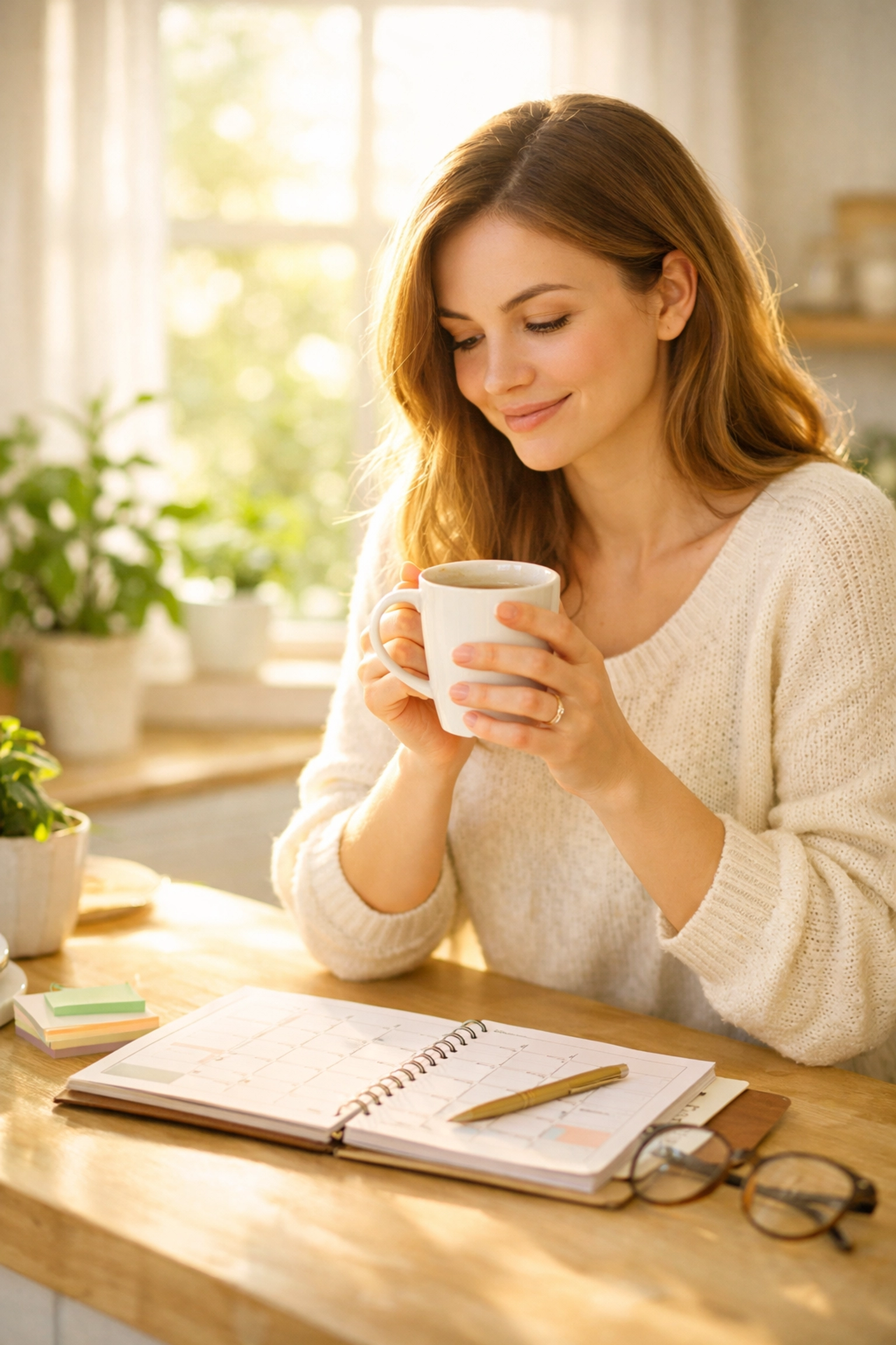 Woman planning future surrogacy timeline while reviewing calendar at home