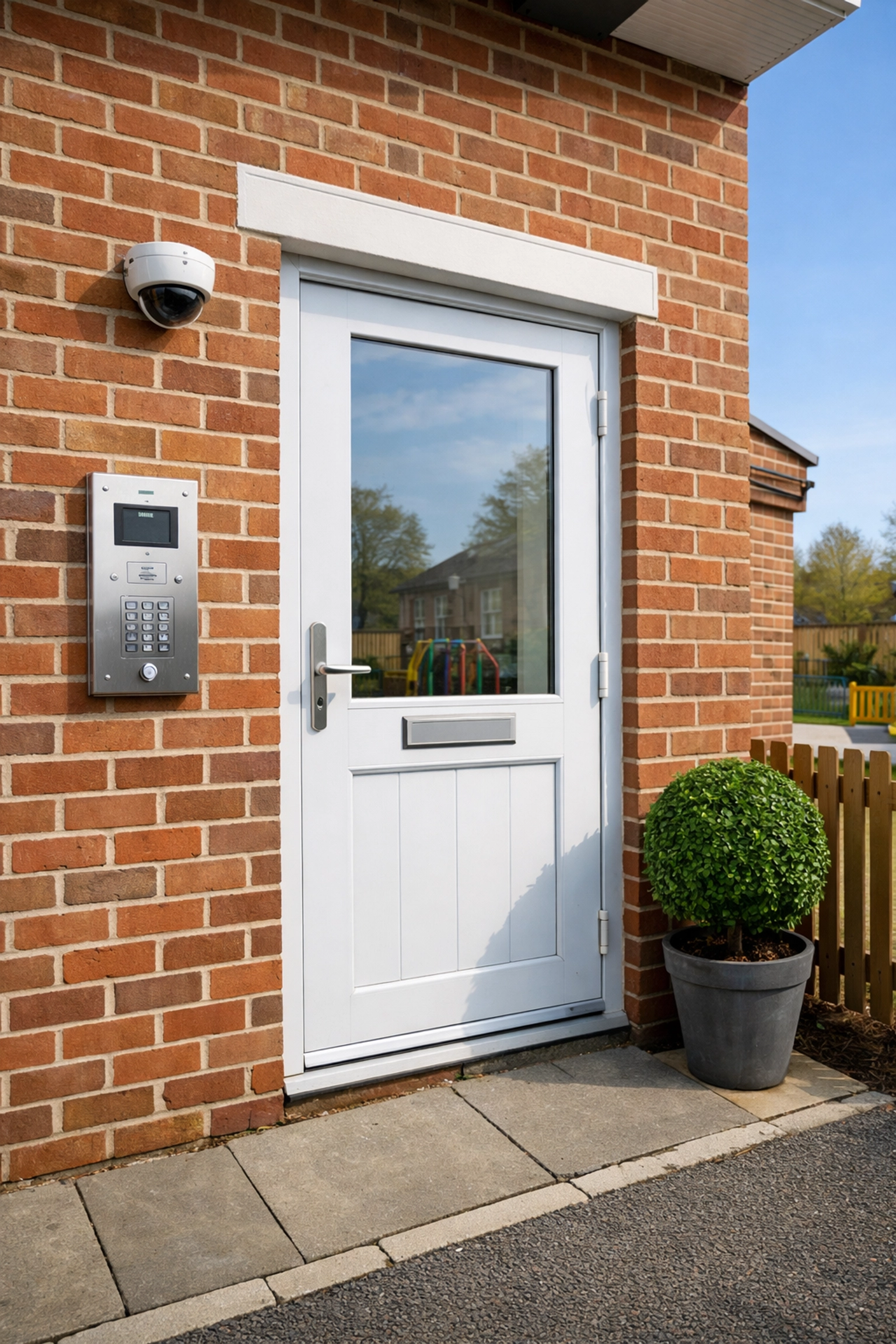 Secure UK nursery entrance featuring a professional intercom and high-definition CCTV dome camera.