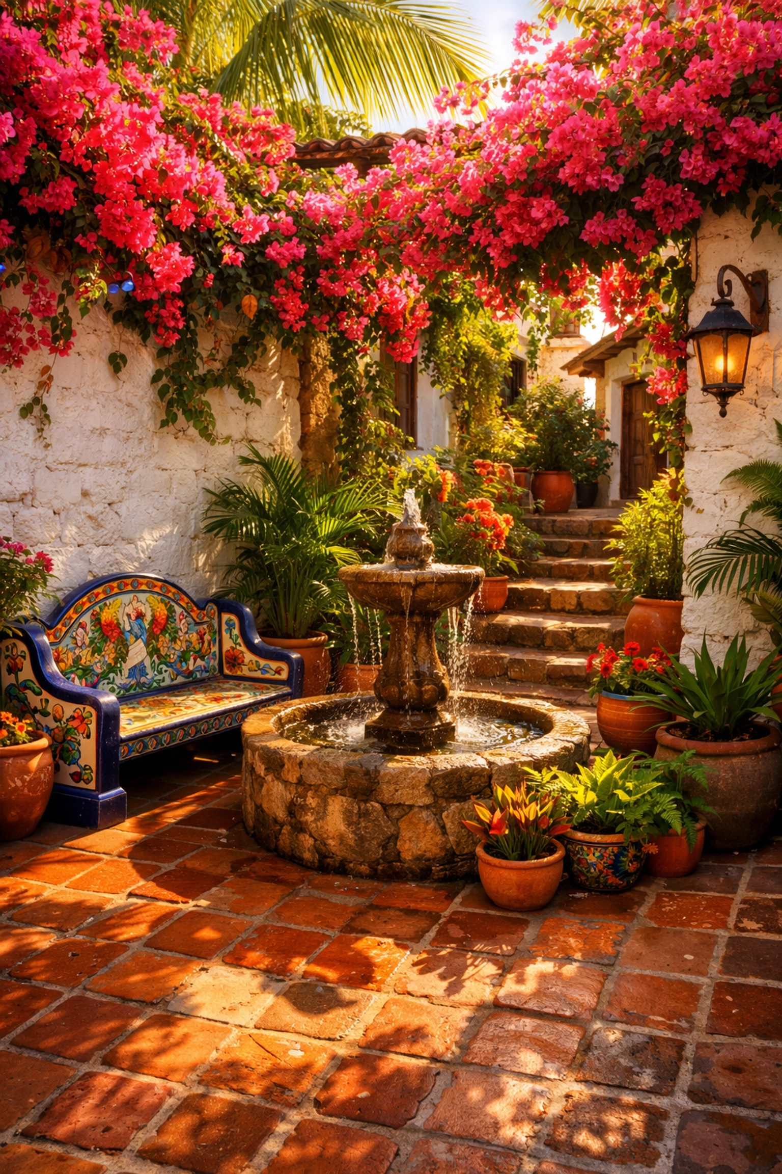 A hidden tropical courtyard with bougainvillea in Old Town Puerto Vallarta, a perfect local secret spot.