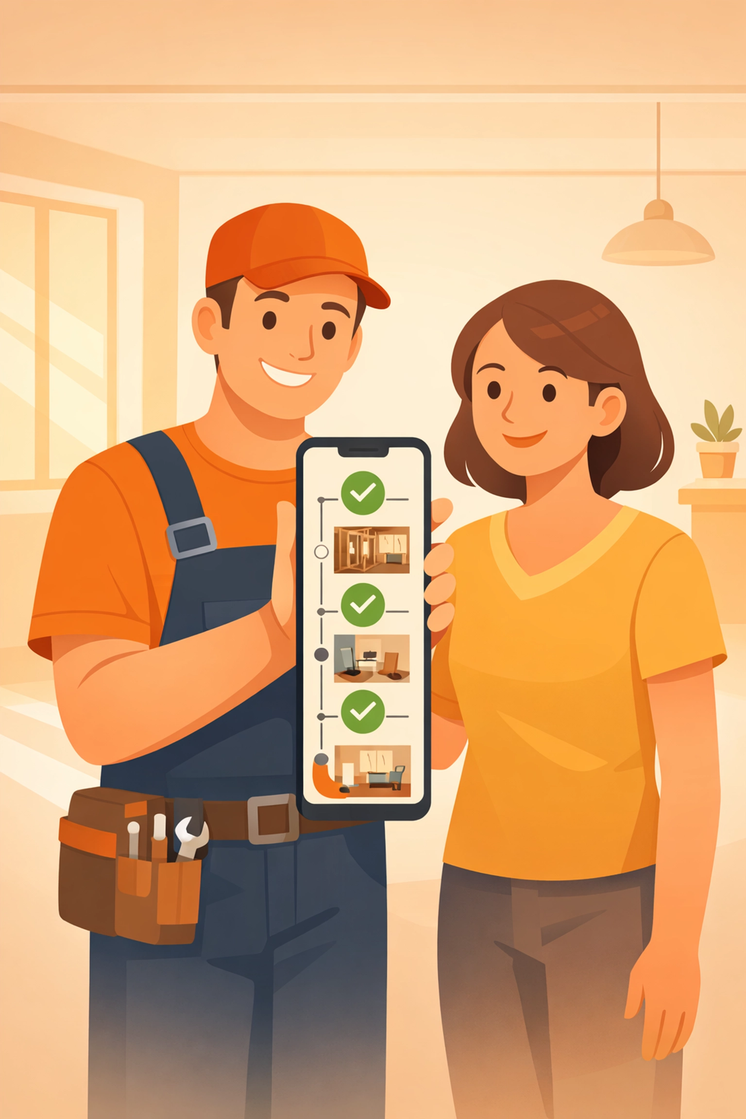 Contractor using a photo timeline app to show project progress to a happy homeowner.