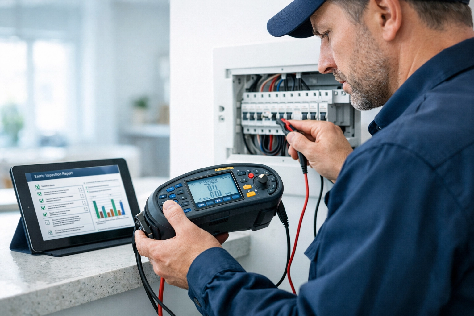 Electrician Dorset performing a professional EICR safety inspection and electrical testing for a landlord.