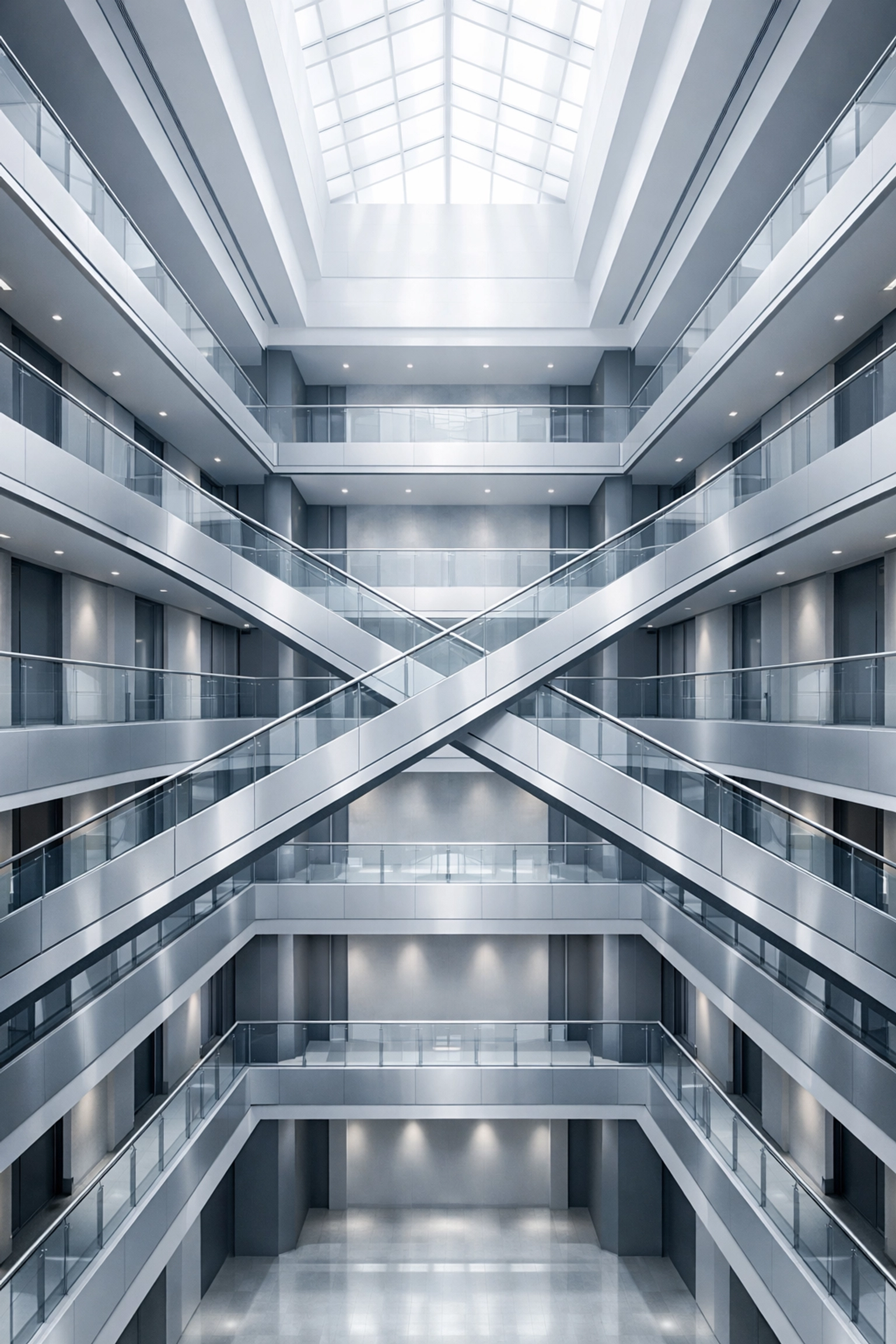 Architectural lines of a modern hotel atrium representing a connected hotel management software stack.