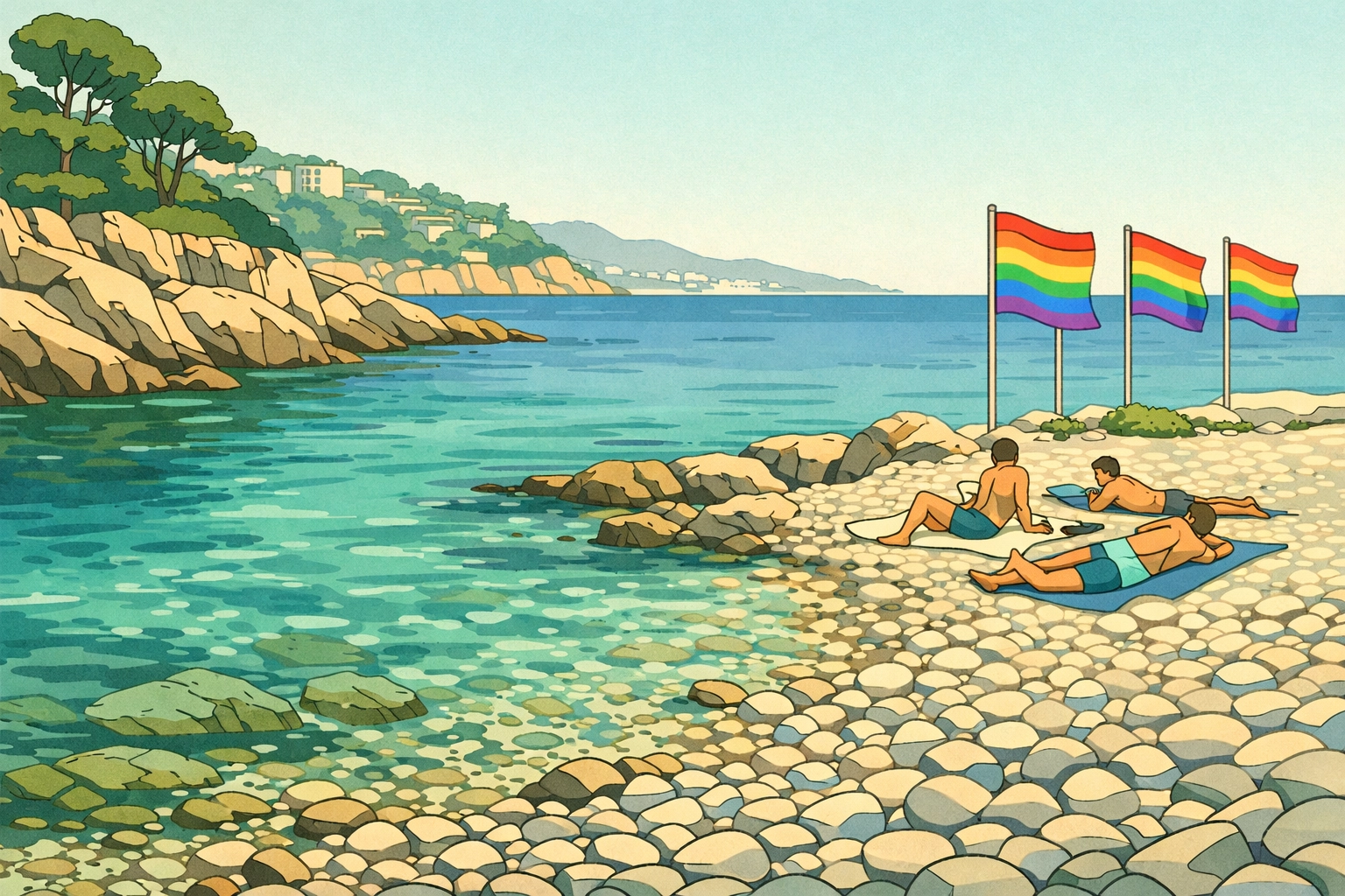 Rainbow flags at Coco Beach Nice LGBTQ beach with clear turquoise Mediterranean water