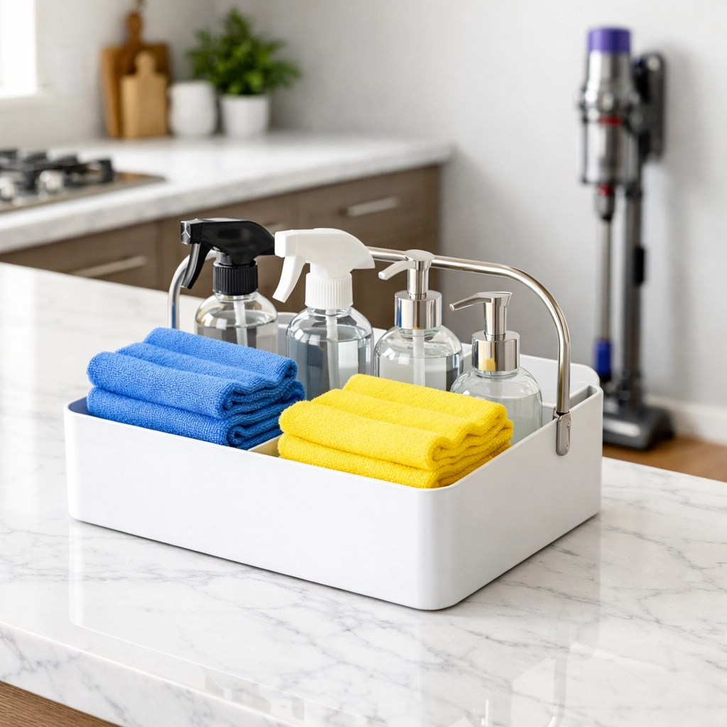 Professional cleaners MA caddy on a marble kitchen island for luxury house cleaning MA.