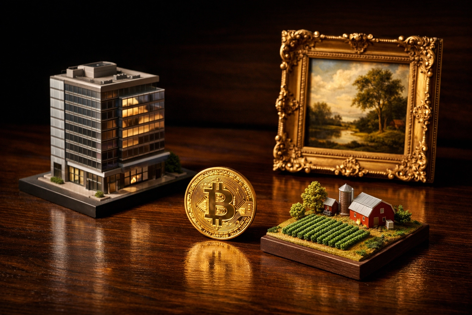 Diversified investment portfolio with real estate, Bitcoin, art, and alternative assets