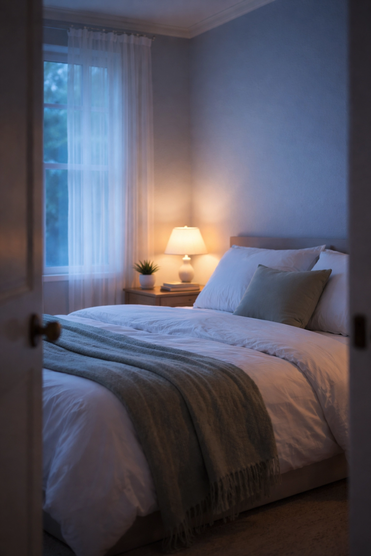 Peaceful bedroom at twilight with neat bed and soft lighting, promoting a calm start for well-being.