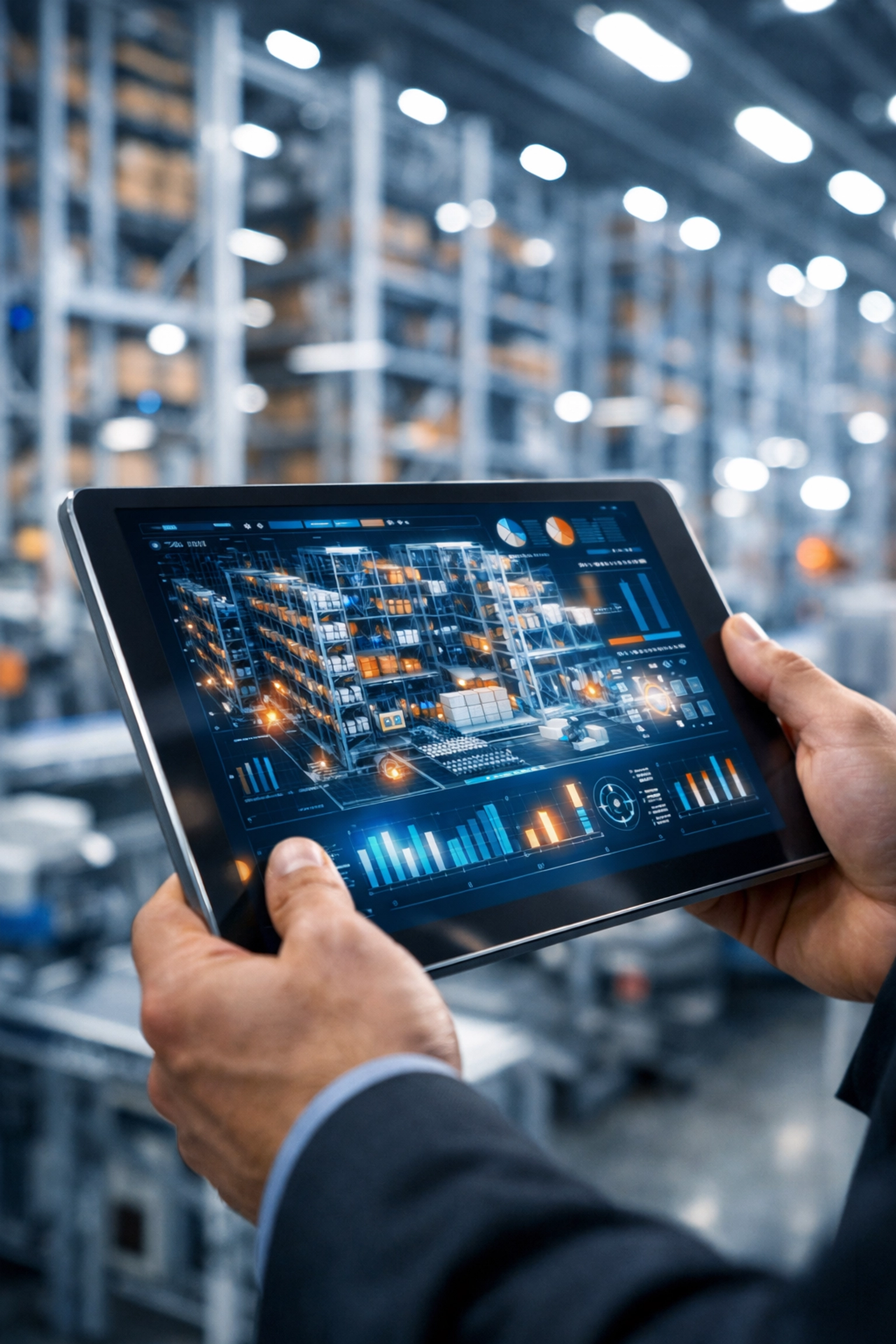 Digital warehouse management services dashboard on a tablet in a high-tech fulfillment center.